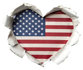 American flag in heart shape torn from paper isolated on transparent background