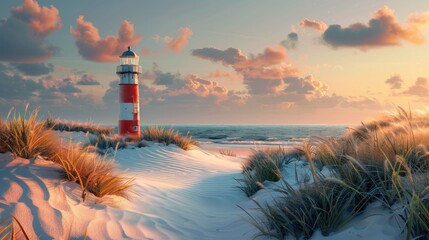 Canvas Print - A scenic lighthouse on a sandy beach at sunset, surrounded by tall grass and gentle waves Soft clouds hover in a colorful sky