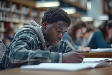 Aufkleber - A male student is deeply focused on studying in a library, embodying the concepts of learning and education. The setting includes bookshelves, a desk, and a quiet study environment