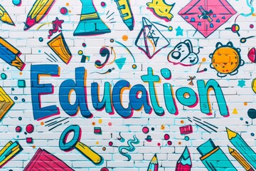 Aufkleber - The Vibrant Education Theme Doodle Artwork beautifully brings together educational elements like books, pencils, and icons in a colorful and dynamic way, creating a lively ambiance
