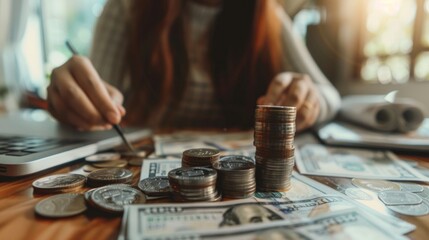 Aufkleber - A woman is sitting at a table with a pile of coins and a stack of dollar bills