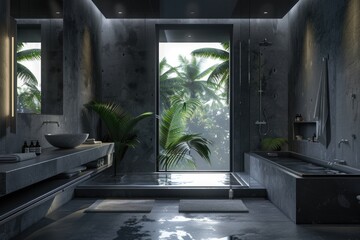 Wall Mural - Dark Design. Masculine Bathroom with Concrete Walls and Minimal Contemporary Style, Tropical View