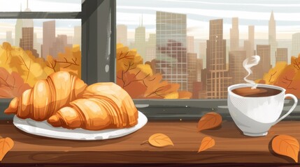 Wall Mural - A cozy breakfast scene with croissants and coffee