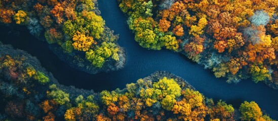 Poster - Aerial View of a River Winding Through Autumn Foliage