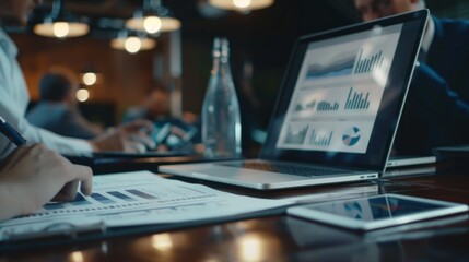 Aufkleber - A group of people are working on a laptop with graphs and charts on a table