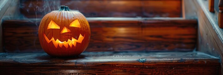 Poster - Close up of a jack o lantern pumpkin on stairs