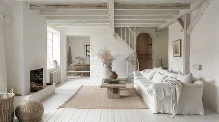 Wall Mural - White Home. Modern Interior Design with White Color Scheme in Belgian-style Farmhouse