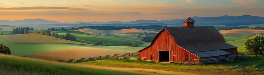 Wall Mural - Rustic barn lit by warm evening light with rolling farmland in the distance, barn landscape, golden hour