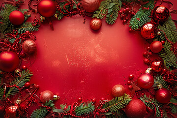 Wall Mural - christmas background with fir branches, decorations and ornaments in the frame and empty space on re