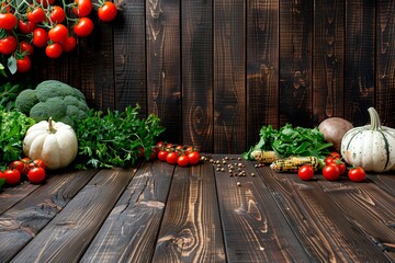 Fresh vegetables and herbs displayed on rustic wooden table surrounded by seasonal produce