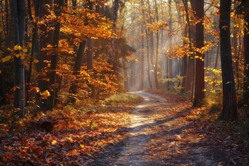 Forest Autumn: Peaceful Nature Scene with Sunlight Filtering Through Trees