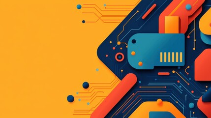 Colorful abstract design featuring geometric shapes and circuit patterns on a vibrant orange background.