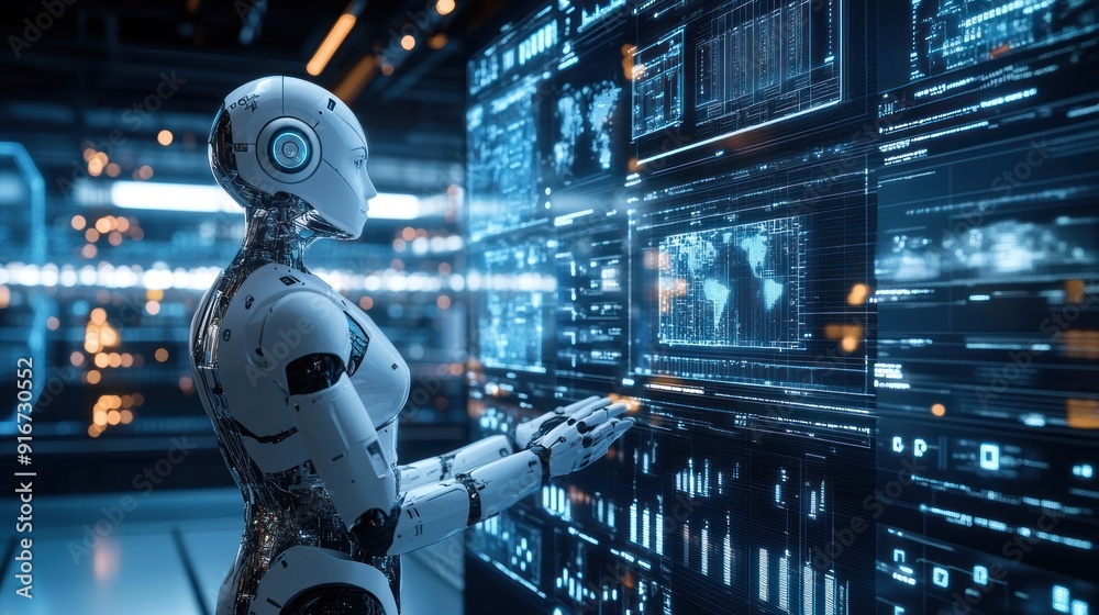 Futuristic AI Robot Interacting with a Digital Interface Stock Photo ...