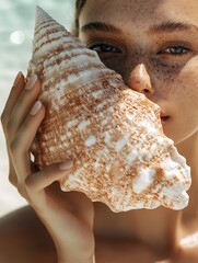 Wall Mural - A woman is holding a large shell in her hand