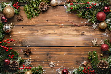 Wall Mural - christmas background with fir branches, decorations and ornaments in the frame and empty space on ru