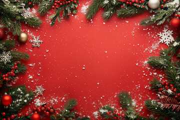 Wall Mural - christmas background with fir branches, decorations, ornaments and snowflakes in the frame and empty