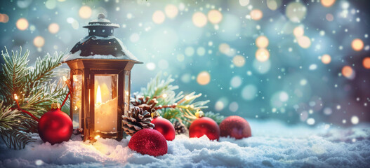 Wall Mural - christmas lantern on snow outdoors at eve night with decorations and ornaments