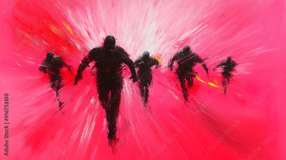 Groups of silhouetted figures running rapidly against a vibrant pink ...