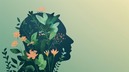 Human profile with blooming flora. A silhouette of a human head with flourishing plants and flowers growing out of it.  This abstract design represents mental health and growth.