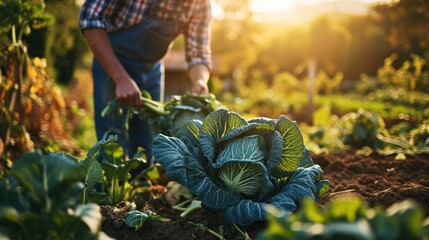 Wall Mural - man farmer with fresh vegetables, cabbage harvest, natural selection, organic, harvest season, agricultural business owner, young smart framing, healthy lifestyle, farm and garden direct, non toxic