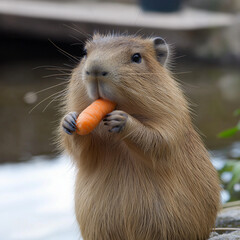  Cute capybara eats carrots 