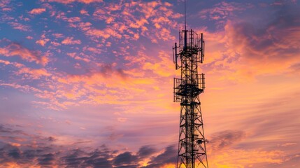 Silhouette of an abstract telecommunication tower Antenna and satellite dish at sunset sky background.