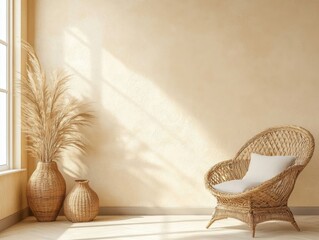 A room with a white wall and a chair with a white pillow. There are two vases on the floor