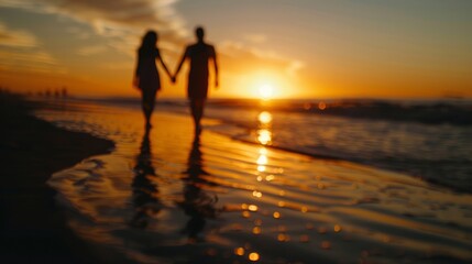 Wall Mural - Couple silhouettes at sunset on the beach. A blurry image of a pair of silhouettes walking hand-in-hand on the beach, with a golden sunset casting a warm glow.