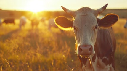 Poster - A cow is standing in a field with the sun shining on it