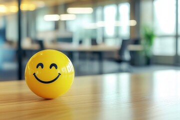 A bright yellow smiley face on a wooden desk in a modern office, symbolizing happiness, positivity, and workplace well-being. Perfect for concepts of stress relief, office culture, and mental wellness