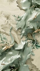 Fototapete - An engaging 3D abstract scene showcasing earthy green watercolor splashes, coarse beige grunge textures, and shiny bronze metallic accents
