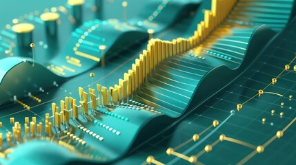 Aufkleber - 3D abstract design featuring data visualizations in energetic teal and gold, with graphs and charts seamlessly integrated into the background