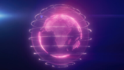 Poster - A digital representation of purple Earth with glowing lines encircling the planet, highlighting global connectivity and technology