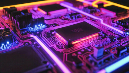 Poster - Futuristic Circuit Board with Neon Light Beams