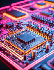 Poster - Futuristic Circuit Board with Neon Light Beams