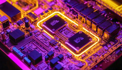 Poster - Futuristic Circuit Board with Neon Light Beams