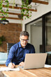 © insta_photos - Busy mature middle aged professional businessman executive using laptop at work writing note. Senior business man company manager working on computer elearning webinar sitting at office desk. Vertical