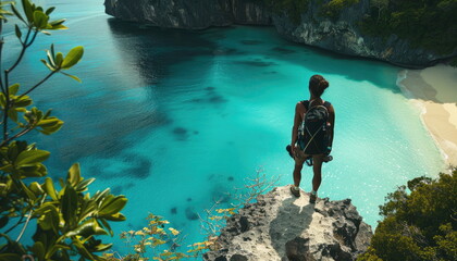 Wall Mural - A lone hiker looks out over a turquoise bay