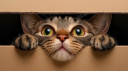 Wall Mural - Cute Grey Tabby Cat In A Cardboard Box At Home