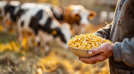 Poster - A man is holding a bowl of corn in a field with cows in the background