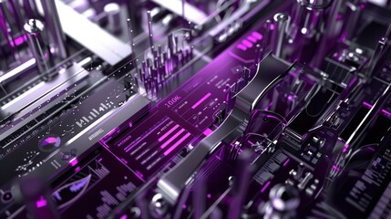 Fototapete - An intricate 3D abstract scene showcasing data visualizations in rich purple and silver, with infographics elements and charts