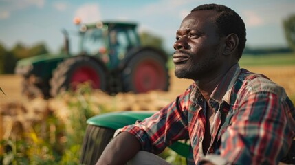 Poster - A man in a plaid shirt sits on a green chair in a field