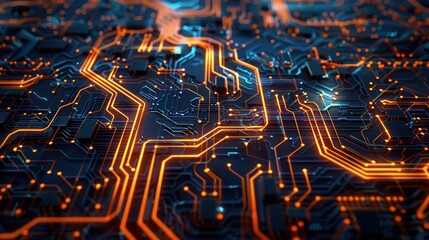 Aufkleber - An intricate 3D abstract background where neon orange circuitry forms a labyrinthine network over a deep, midnight blue backdrop