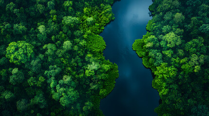 drone view of the green beautiful amazon jungle landscape featuring lush trees and a winding river