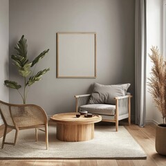 A living room with a wooden coffee table and two chairs. A large potted plant is in the corner of the room