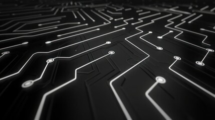 Aufkleber - A stylish 3D abstract background with neon white circuit designs etched into a glossy, midnight black board