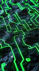 Aufkleber - A vibrant 3D abstract scene featuring neon green circuit patterns glowing against a dark, textured background