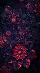 Poster - A vibrant 3D abstract background showcasing symmetrical mandalas in bold crimson and deep purple, intricately crafted and radiating a sense of passion and balance against a dark, velvety canvas