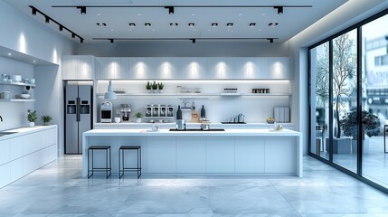 Wall Mural - Modern minimalist kitchen interior design with large windows and sleek appliances in bright daylight