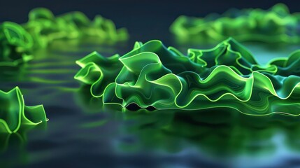 Aufkleber - A vibrant 3D abstract scene with glowing green biomorphic shapes, resembling microscopic organisms, undulating gracefully against a dark, gradient surface